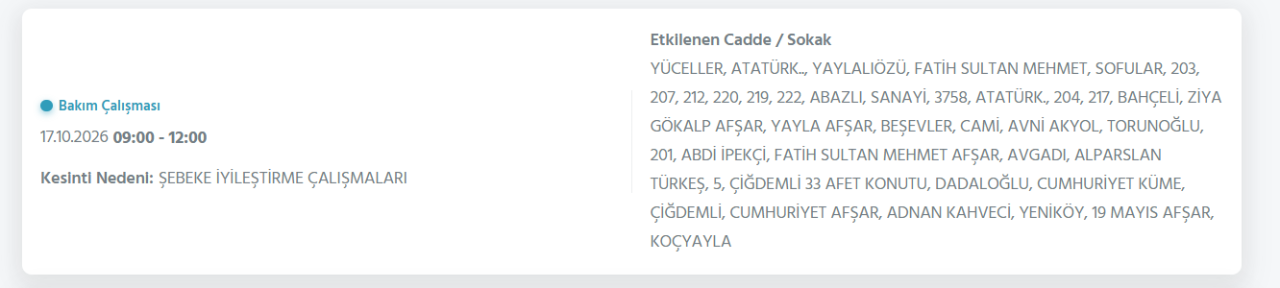 Ankara elektrik kesintisi 17 Ekim (Çankaya, Sincan, Etimesgut, Keçiören...)