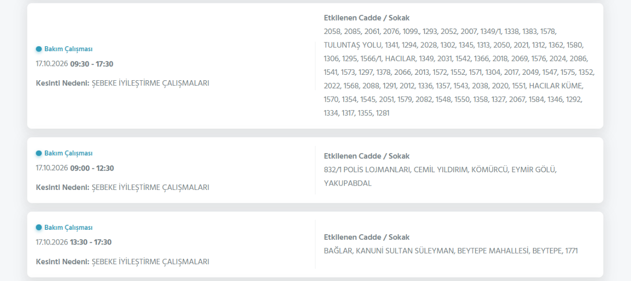 Ankara elektrik kesintisi 17 Ekim (Çankaya, Sincan, Etimesgut, Keçiören...)