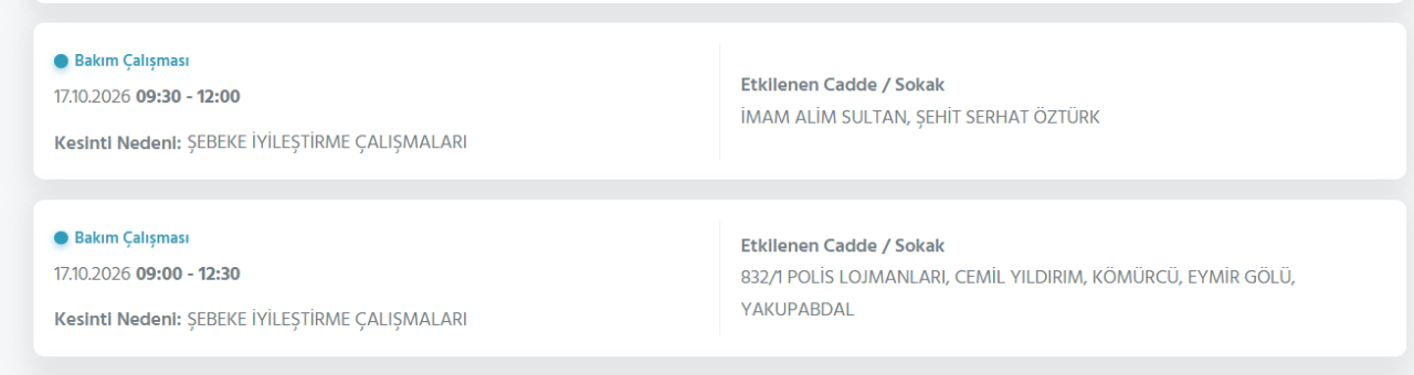 Ankara elektrik kesintisi 17 Ekim (Çankaya, Sincan, Etimesgut, Keçiören...)