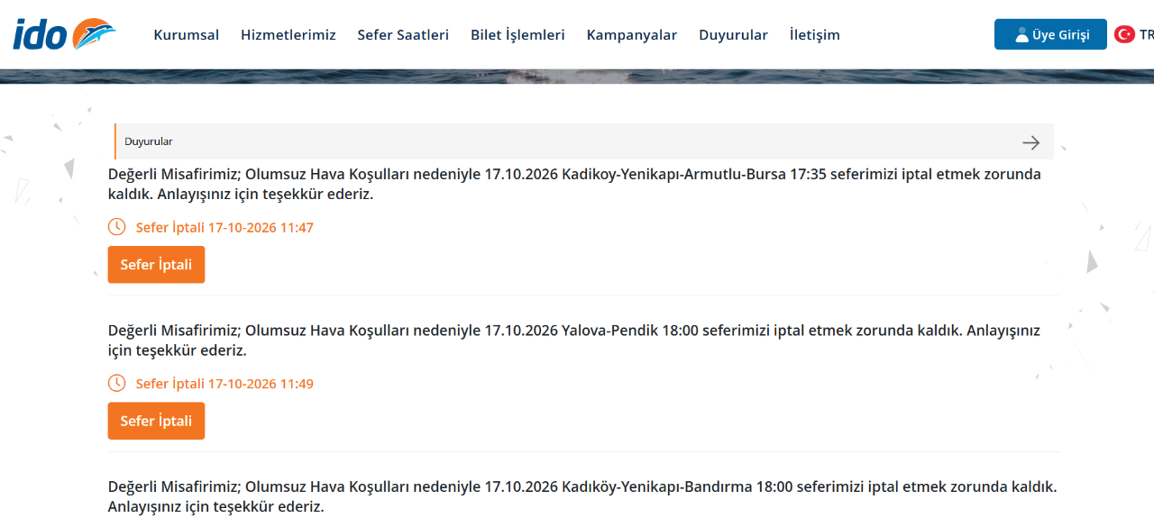 Vapur seferleri (BUDO-İDO) iptal mi? 17-18 Ekim iptal seferler programı
