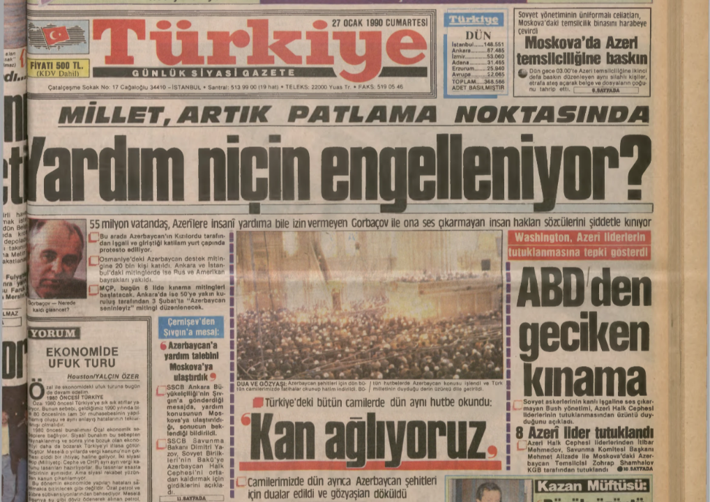 Türkiye gazetesi Azerbaycan'ın sesi oldu - 27 Ocak 1990