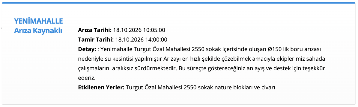 Ankara su kesintisi 18-19 Ekim (Çamlıdere, Yenimahalle) ASKİ planlı kesinti