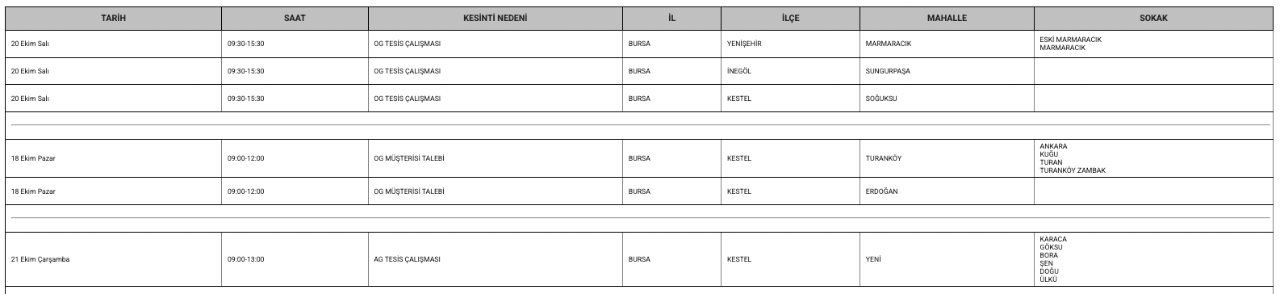 Bursa elektrik kesintisi 18-19-20-21 Ekim UEDAŞ (Osmangazi, Mudanya, Karacabey, Nilüfer, Yıldırım, Gemlik)