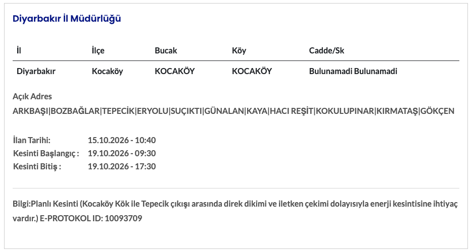 Diyarbakır elektrik kesintisi 18-19-20 Ekim (Yenişehir, Sur, Silvan, Lice, Bağlar, Ergani, Kulp, Bismil, Çüngüş, Dicle, Çermik, Hani)