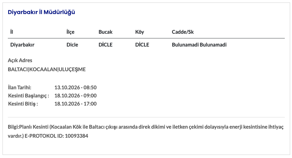 Diyarbakır elektrik kesintisi 18-19-20 Ekim (Yenişehir, Sur, Silvan, Lice, Bağlar, Ergani, Kulp, Bismil, Çüngüş, Dicle, Çermik, Hani)