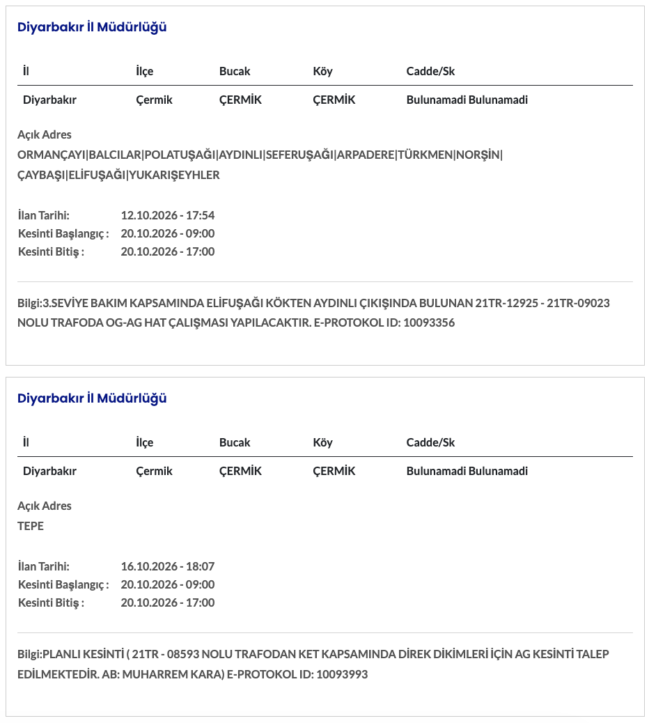 Diyarbakır elektrik kesintisi 18-19-20 Ekim (Yenişehir, Sur, Silvan, Lice, Bağlar, Ergani, Kulp, Bismil, Çüngüş, Dicle, Çermik, Hani)