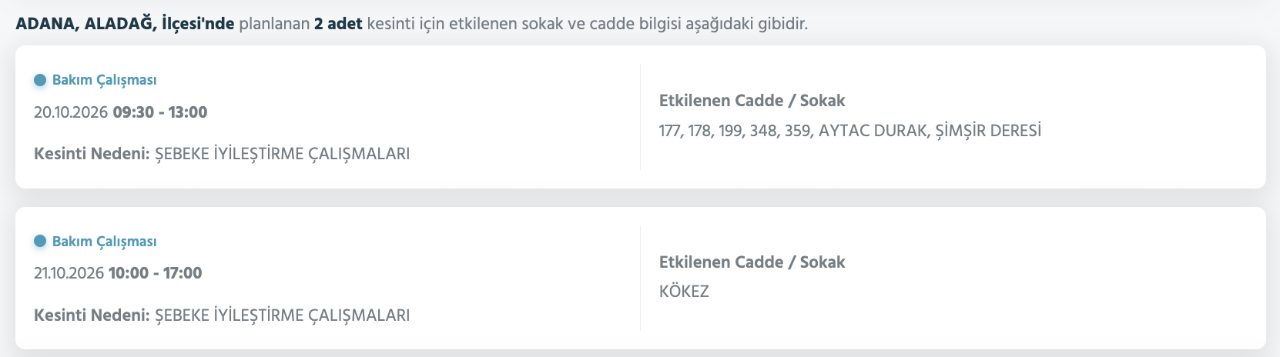 Adana elektrik kesintisi 19-20-21 Ekim Toroslar (Yüreğir, Seyhan, Ceyhan, Kozan, Sarıçam, Karataş, Yumurtalık, Çukurova, Aladağ, Feke, Karaisalı, Saimbeyli)