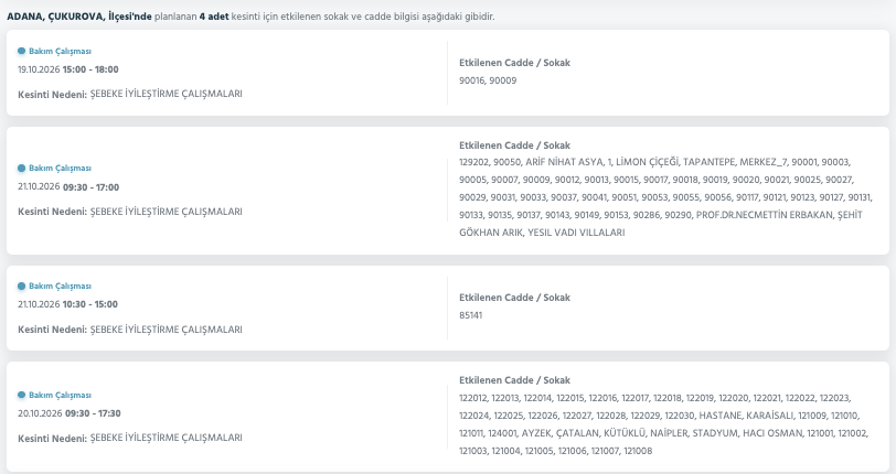 Adana elektrik kesintisi 19-20-21 Ekim Toroslar (Yüreğir, Seyhan, Ceyhan, Kozan, Sarıçam, Karataş, Yumurtalık, Çukurova, Aladağ, Feke, Karaisalı, Saimbeyli)