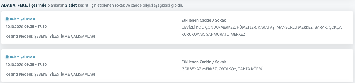 Adana elektrik kesintisi 19-20-21 Ekim Toroslar (Yüreğir, Seyhan, Ceyhan, Kozan, Sarıçam, Karataş, Yumurtalık, Çukurova, Aladağ, Feke, Karaisalı, Saimbeyli)