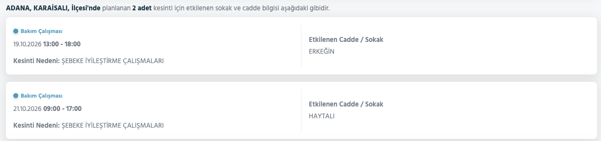 Adana elektrik kesintisi 19-20-21 Ekim Toroslar (Yüreğir, Seyhan, Ceyhan, Kozan, Sarıçam, Karataş, Yumurtalık, Çukurova, Aladağ, Feke, Karaisalı, Saimbeyli)