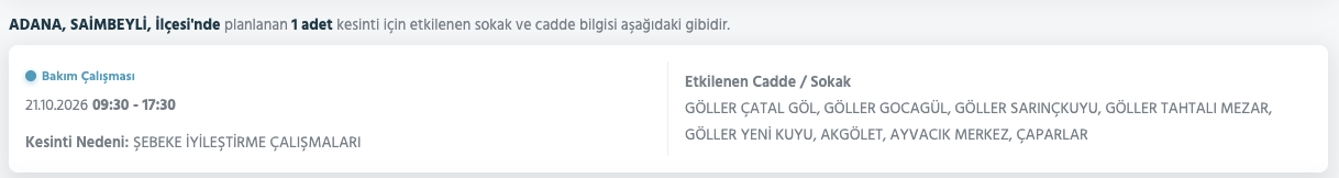 Adana elektrik kesintisi 19-20-21 Ekim Toroslar (Yüreğir, Seyhan, Ceyhan, Kozan, Sarıçam, Karataş, Yumurtalık, Çukurova, Aladağ, Feke, Karaisalı, Saimbeyli)