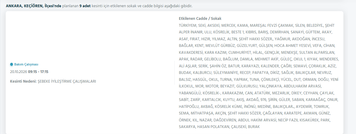 Ankara elektrik kesintisi 20-21-22 Ekim! Başkent Edaş (Sincan, Gölbaşı, Etimesgut, Çankaya, Keçiören...)