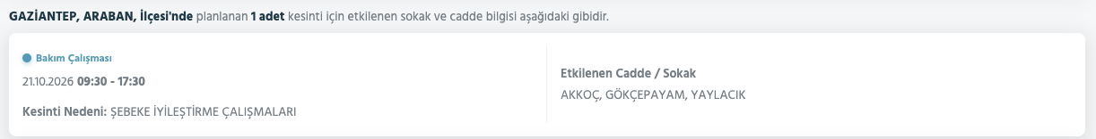 Gaziantep elektrik kesintisi 19-20-21 Ekim (Şahinbey, Şehitkamil, Nizip, Oğuzeli, İslahiye, Yavuzeli, Araban, Nurdağı) Toroslar planlı kesinti