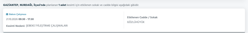 Gaziantep elektrik kesintisi 19-20-21 Ekim (Şahinbey, Şehitkamil, Nizip, Oğuzeli, İslahiye, Yavuzeli, Araban, Nurdağı) Toroslar planlı kesinti