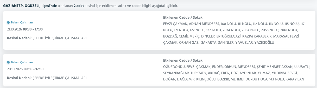 Gaziantep elektrik kesintisi 19-20-21 Ekim (Şahinbey, Şehitkamil, Nizip, Oğuzeli, İslahiye, Yavuzeli, Araban, Nurdağı) Toroslar planlı kesinti