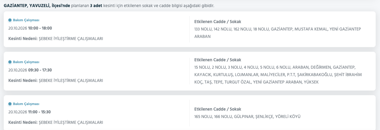 Gaziantep elektrik kesintisi 19-20-21 Ekim (Şahinbey, Şehitkamil, Nizip, Oğuzeli, İslahiye, Yavuzeli, Araban, Nurdağı) Toroslar planlı kesinti