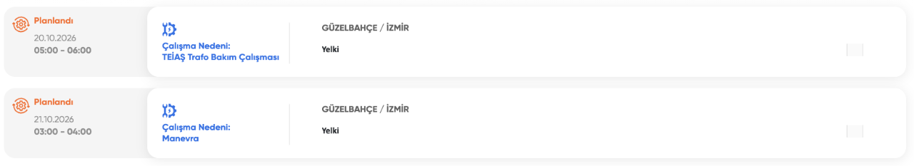 İzmir elektrik kesintisi 20-21 Ekim GZD Elektrik (Konak, Urla, Buca, Bergama, Bornova, Gaziemir, Aliağa, Bayındır, Ödemiş, Torbalı, Çeşme)