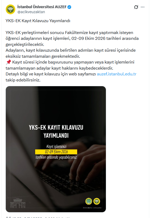 AUZEF ek kayıt kılavuzu yayımlandı! Ek kayıt süreci ne zaman bitecek?