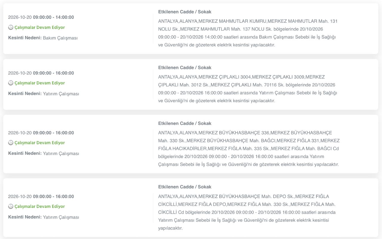 Antalya elektrik kesintisi 20, 21, 22, 23 Ekim AEDAŞ (Serik, Konyaaltı, Kumluca, Alanya, Manavgat, Muratpaşa, Gazipaşa, Kemer, Kaş, Demre, Döşemealtı, Elmalı, Finike, Gündoğmuş, Akseki, Korkuteli)