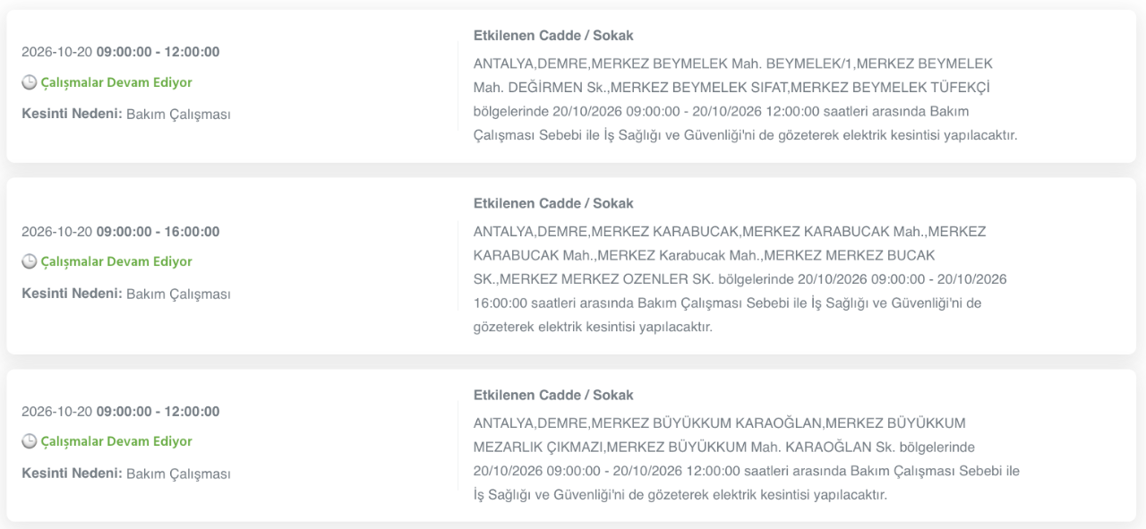 Antalya elektrik kesintisi 20, 21, 22, 23 Ekim AEDAŞ (Serik, Konyaaltı, Kumluca, Alanya, Manavgat, Muratpaşa, Gazipaşa, Kemer, Kaş, Demre, Döşemealtı, Elmalı, Finike, Gündoğmuş, Akseki, Korkuteli)