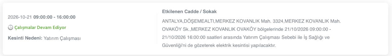 Antalya elektrik kesintisi 20, 21, 22, 23 Ekim AEDAŞ (Serik, Konyaaltı, Kumluca, Alanya, Manavgat, Muratpaşa, Gazipaşa, Kemer, Kaş, Demre, Döşemealtı, Elmalı, Finike, Gündoğmuş, Akseki, Korkuteli)
