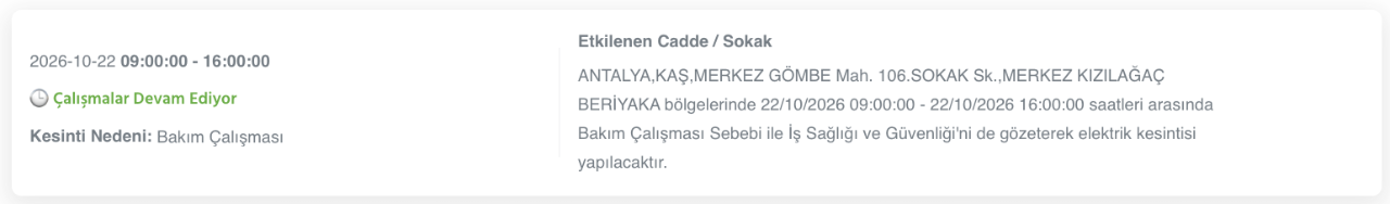 Antalya elektrik kesintisi 20, 21, 22, 23 Ekim AEDAŞ (Serik, Konyaaltı, Kumluca, Alanya, Manavgat, Muratpaşa, Gazipaşa, Kemer, Kaş, Demre, Döşemealtı, Elmalı, Finike, Gündoğmuş, Akseki, Korkuteli)