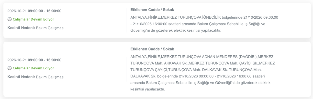 Antalya elektrik kesintisi 20, 21, 22, 23 Ekim AEDAŞ (Serik, Konyaaltı, Kumluca, Alanya, Manavgat, Muratpaşa, Gazipaşa, Kemer, Kaş, Demre, Döşemealtı, Elmalı, Finike, Gündoğmuş, Akseki, Korkuteli)