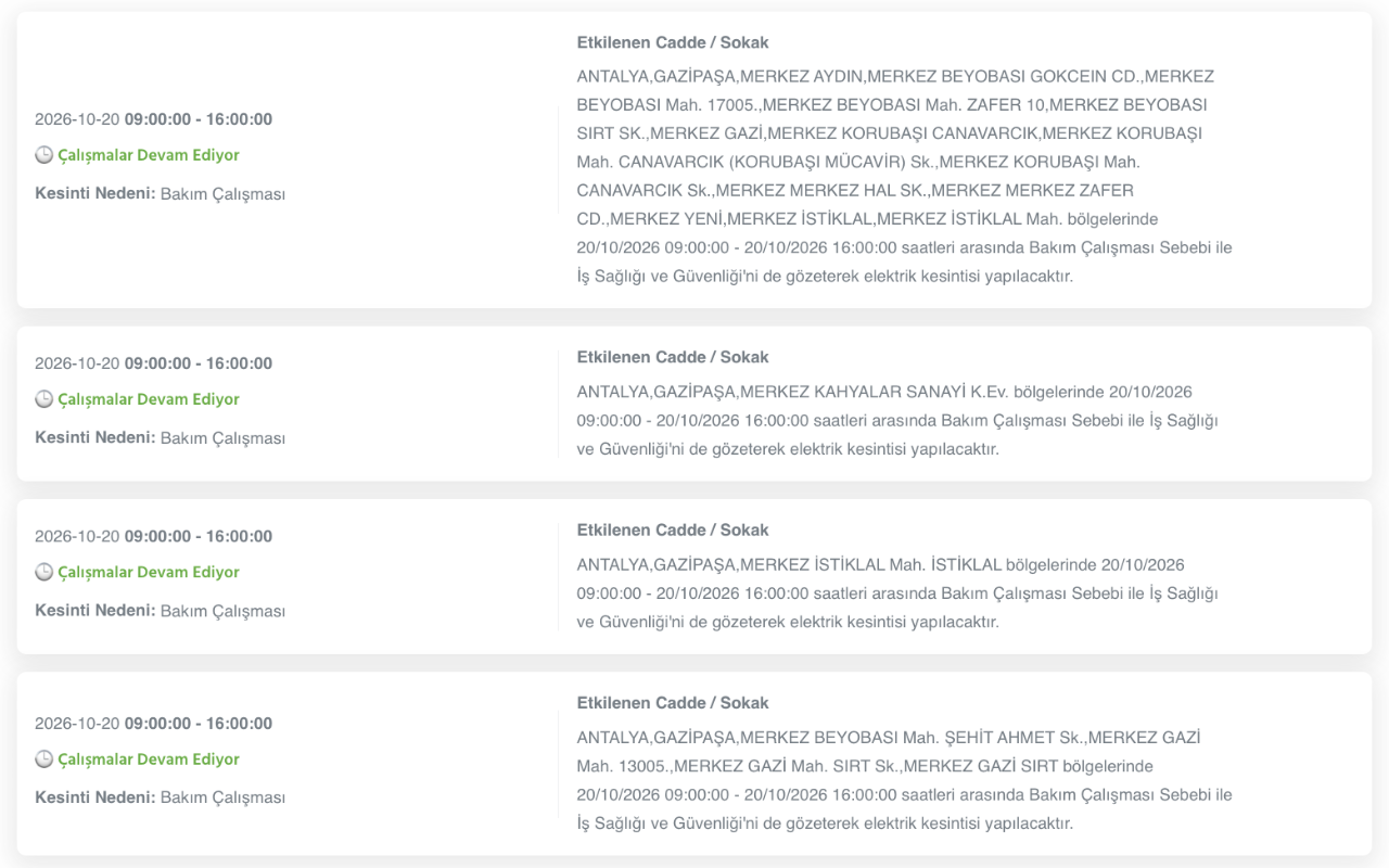 Antalya elektrik kesintisi 20, 21, 22, 23 Ekim AEDAŞ (Serik, Konyaaltı, Kumluca, Alanya, Manavgat, Muratpaşa, Gazipaşa, Kemer, Kaş, Demre, Döşemealtı, Elmalı, Finike, Gündoğmuş, Akseki, Korkuteli)