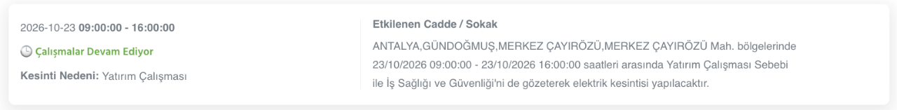 Antalya elektrik kesintisi 20, 21, 22, 23 Ekim AEDAŞ (Serik, Konyaaltı, Kumluca, Alanya, Manavgat, Muratpaşa, Gazipaşa, Kemer, Kaş, Demre, Döşemealtı, Elmalı, Finike, Gündoğmuş, Akseki, Korkuteli)