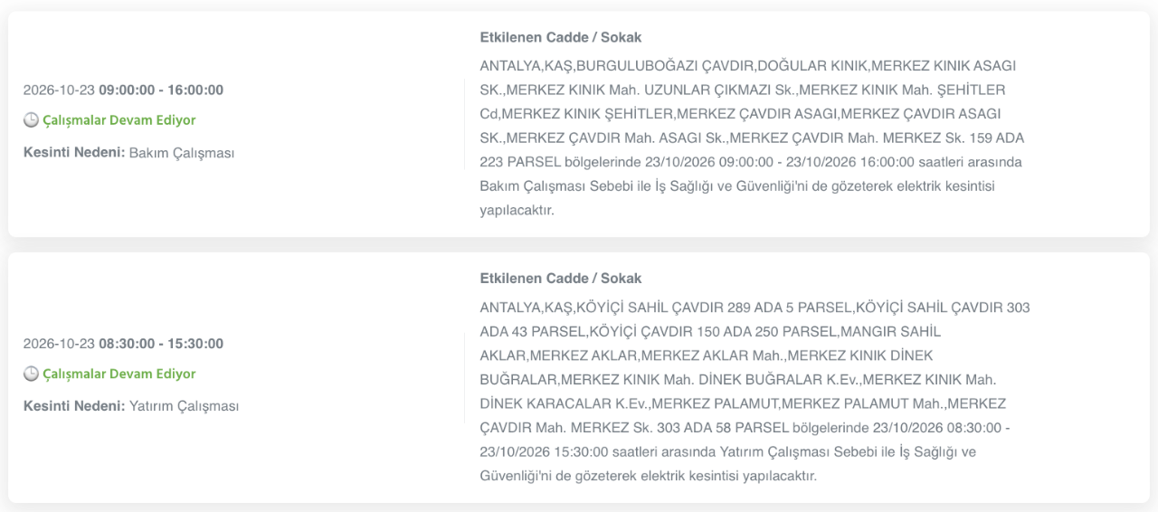Antalya elektrik kesintisi 20, 21, 22, 23 Ekim AEDAŞ (Serik, Konyaaltı, Kumluca, Alanya, Manavgat, Muratpaşa, Gazipaşa, Kemer, Kaş, Demre, Döşemealtı, Elmalı, Finike, Gündoğmuş, Akseki, Korkuteli)