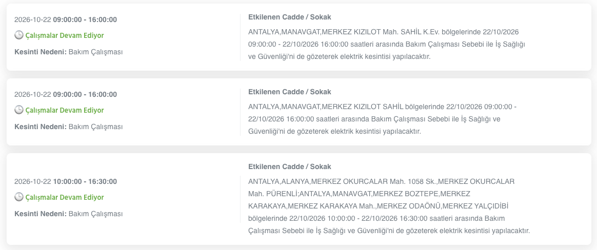 Antalya elektrik kesintisi 20, 21, 22, 23 Ekim AEDAŞ (Serik, Konyaaltı, Kumluca, Alanya, Manavgat, Muratpaşa, Gazipaşa, Kemer, Kaş, Demre, Döşemealtı, Elmalı, Finike, Gündoğmuş, Akseki, Korkuteli)