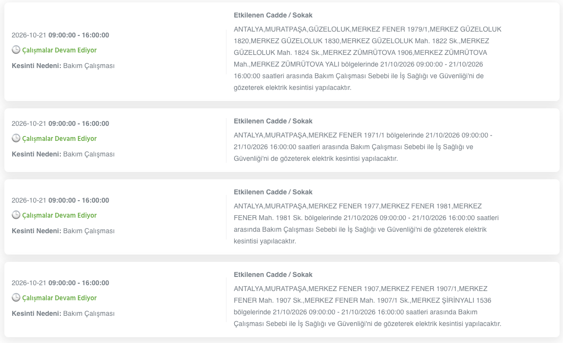 Antalya elektrik kesintisi 20, 21, 22, 23 Ekim AEDAŞ (Serik, Konyaaltı, Kumluca, Alanya, Manavgat, Muratpaşa, Gazipaşa, Kemer, Kaş, Demre, Döşemealtı, Elmalı, Finike, Gündoğmuş, Akseki, Korkuteli)