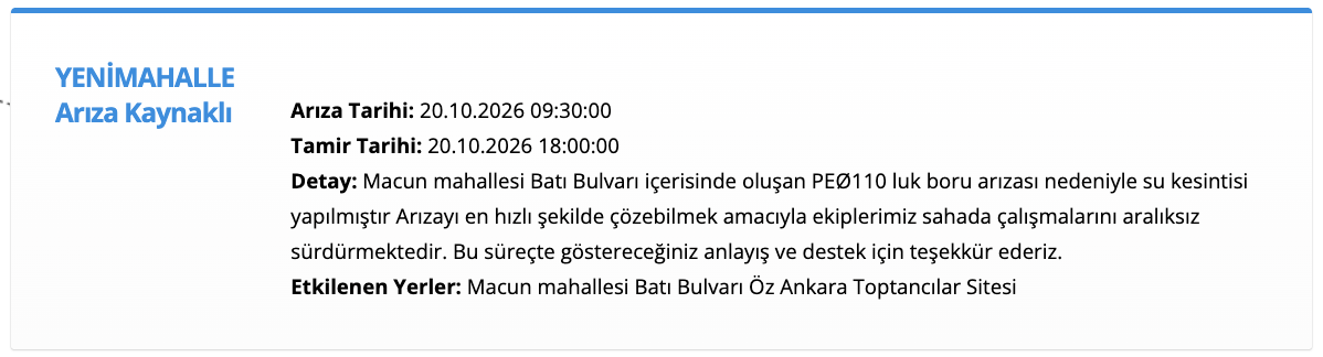 ASKİ su kesintisi 20 Ekim! Ankara planlı su kesintisi (Çankaya, Yenimahalle, Haymana)