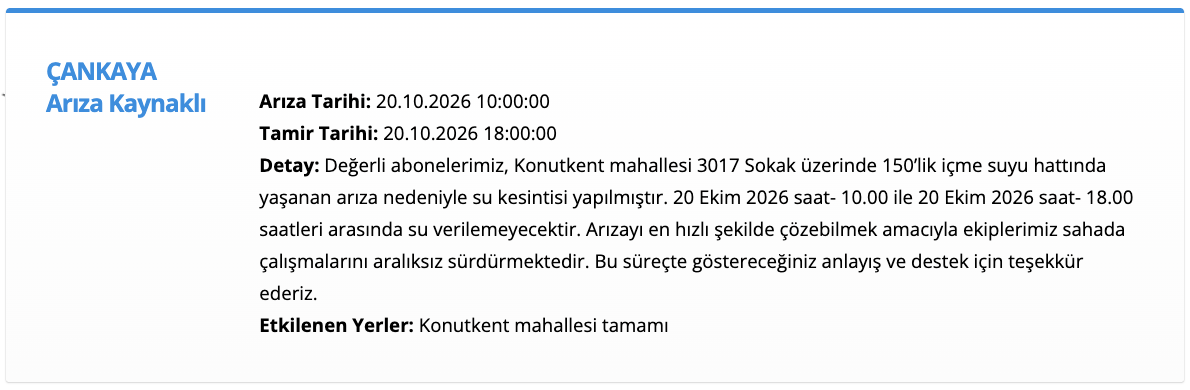 ASKİ su kesintisi 20 Ekim! Ankara planlı su kesintisi (Çankaya, Yenimahalle, Haymana)
