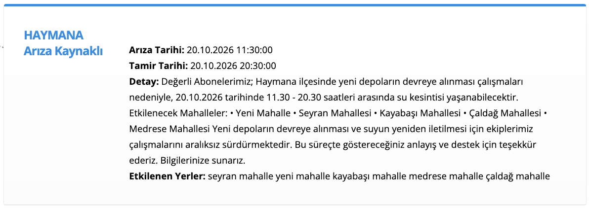 ASKİ su kesintisi 20 Ekim! Ankara planlı su kesintisi (Çankaya, Yenimahalle, Haymana)