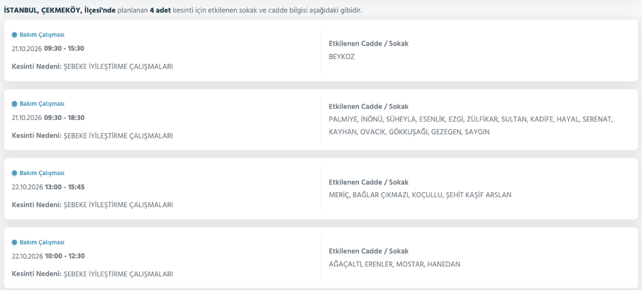 AYEDAŞ elektrik kesintisi 21-22-23 Ekim (Pendik, Ümraniye, Sultanbeyli, Kartal, Üsküdar, Şile, Beykoz, Sancaktepe, Ataşehir, Çekmeköy, Kadıköy, Tuzla, Maltepe)