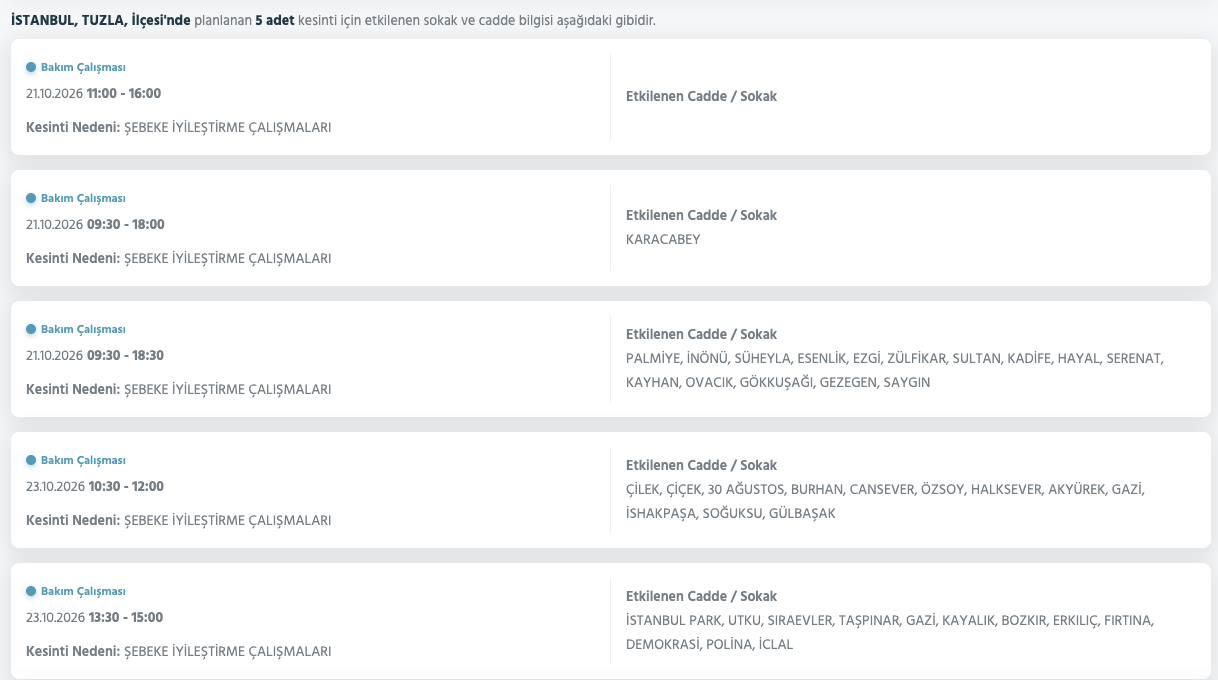 AYEDAŞ elektrik kesintisi 21-22-23 Ekim (Pendik, Ümraniye, Sultanbeyli, Kartal, Üsküdar, Şile, Beykoz, Sancaktepe, Ataşehir, Çekmeköy, Kadıköy, Tuzla, Maltepe)