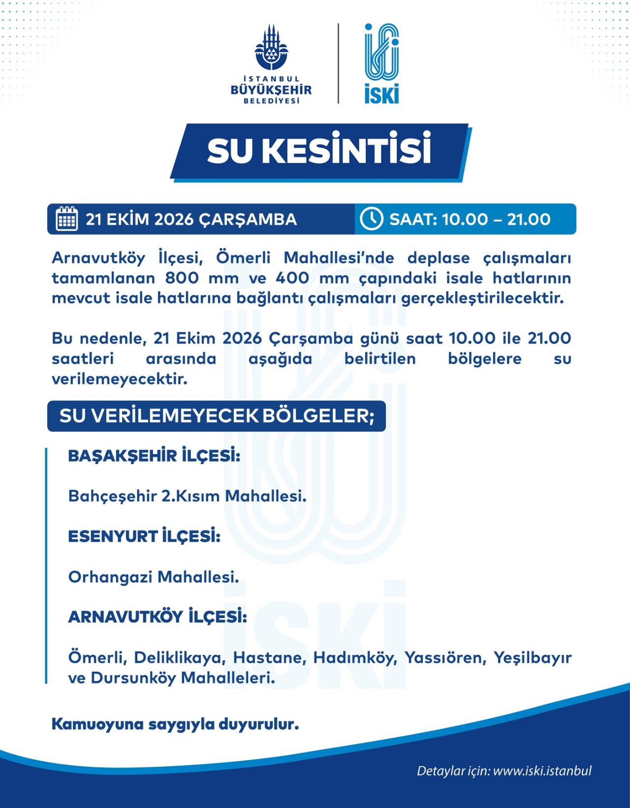 İstanbul'da 11 saatlik su kesintisi! İSKİ 21 Ekim için duyurdu (Başakşehir, Esenyurt, Arnavutköy)