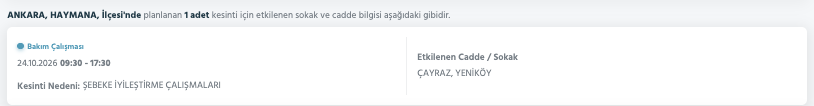 Ankara elektrik kesintisi 23-24 Ekim (Sincan, Yenimahalle, Çankaya, Gölbaşı, Bala, Akyurt, Mamak, Kahramankazan, Altındağ, Çubuk, Nallıhan, Beypazarı, Etimesgut, Kalecik, Keçiören, Pursaklar, Güdül, Haymana, Kızılcahamam, Çamlıdere)