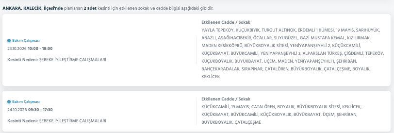 Ankara elektrik kesintisi 23-24 Ekim (Sincan, Yenimahalle, Çankaya, Gölbaşı, Bala, Akyurt, Mamak, Kahramankazan, Altındağ, Çubuk, Nallıhan, Beypazarı, Etimesgut, Kalecik, Keçiören, Pursaklar, Güdül, Haymana, Kızılcahamam, Çamlıdere)