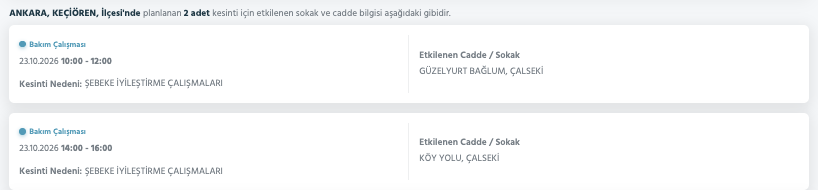 Ankara elektrik kesintisi 23-24 Ekim (Sincan, Yenimahalle, Çankaya, Gölbaşı, Bala, Akyurt, Mamak, Kahramankazan, Altındağ, Çubuk, Nallıhan, Beypazarı, Etimesgut, Kalecik, Keçiören, Pursaklar, Güdül, Haymana, Kızılcahamam, Çamlıdere)