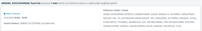 Ankara elektrik kesintisi 23-24 Ekim (Sincan, Yenimahalle, Çankaya, Gölbaşı, Bala, Akyurt, Mamak, Kahramankazan, Altındağ, Çubuk, Nallıhan, Beypazarı, Etimesgut, Kalecik, Keçiören, Pursaklar, Güdül, Haymana, Kızılcahamam, Çamlıdere)