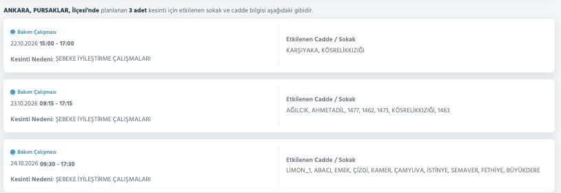 Ankara elektrik kesintisi 23-24 Ekim (Sincan, Yenimahalle, Çankaya, Gölbaşı, Bala, Akyurt, Mamak, Kahramankazan, Altındağ, Çubuk, Nallıhan, Beypazarı, Etimesgut, Kalecik, Keçiören, Pursaklar, Güdül, Haymana, Kızılcahamam, Çamlıdere)