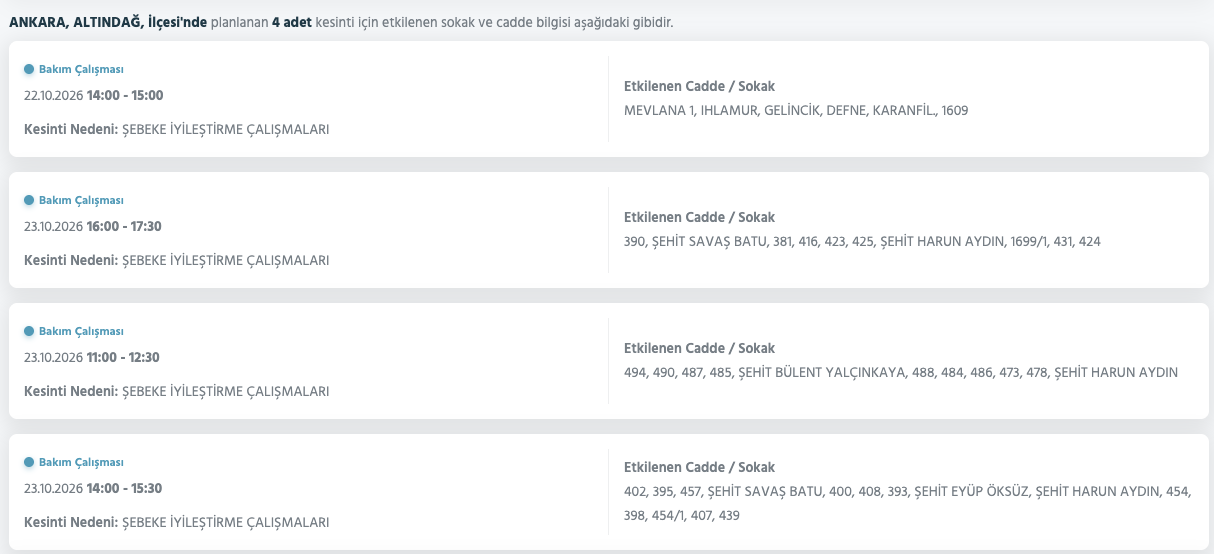 Ankara elektrik kesintisi 23-24 Ekim (Sincan, Yenimahalle, Çankaya, Gölbaşı, Bala, Akyurt, Mamak, Kahramankazan, Altındağ, Çubuk, Nallıhan, Beypazarı, Etimesgut, Kalecik, Keçiören, Pursaklar, Güdül, Haymana, Kızılcahamam, Çamlıdere)