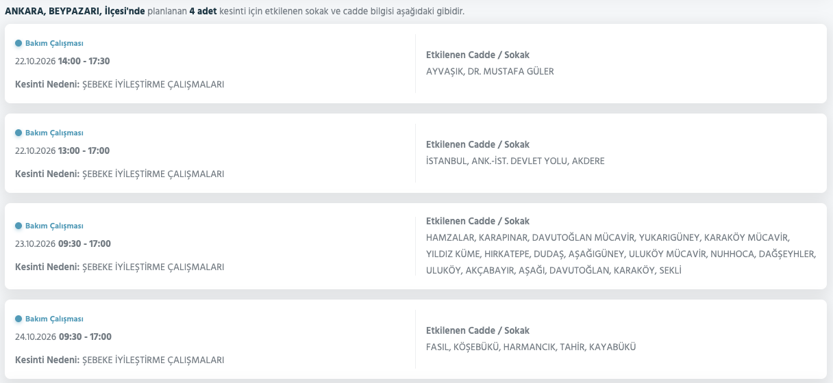 Ankara elektrik kesintisi 23-24 Ekim (Sincan, Yenimahalle, Çankaya, Gölbaşı, Bala, Akyurt, Mamak, Kahramankazan, Altındağ, Çubuk, Nallıhan, Beypazarı, Etimesgut, Kalecik, Keçiören, Pursaklar, Güdül, Haymana, Kızılcahamam, Çamlıdere)