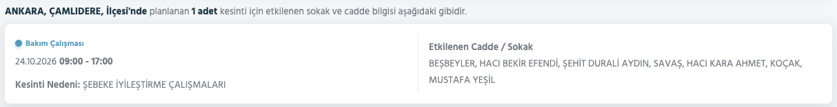 Ankara elektrik kesintisi 23-24 Ekim (Sincan, Yenimahalle, Çankaya, Gölbaşı, Bala, Akyurt, Mamak, Kahramankazan, Altındağ, Çubuk, Nallıhan, Beypazarı, Etimesgut, Kalecik, Keçiören, Pursaklar, Güdül, Haymana, Kızılcahamam, Çamlıdere)