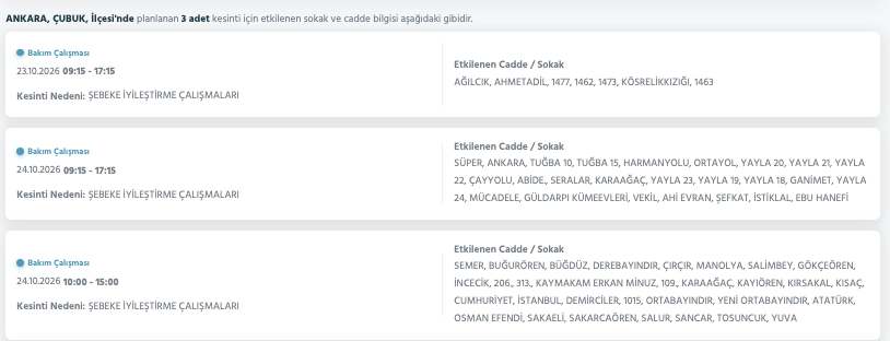 Ankara elektrik kesintisi 23-24 Ekim (Sincan, Yenimahalle, Çankaya, Gölbaşı, Bala, Akyurt, Mamak, Kahramankazan, Altındağ, Çubuk, Nallıhan, Beypazarı, Etimesgut, Kalecik, Keçiören, Pursaklar, Güdül, Haymana, Kızılcahamam, Çamlıdere)