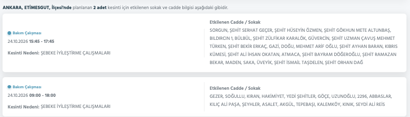 Ankara elektrik kesintisi 23-24 Ekim (Sincan, Yenimahalle, Çankaya, Gölbaşı, Bala, Akyurt, Mamak, Kahramankazan, Altındağ, Çubuk, Nallıhan, Beypazarı, Etimesgut, Kalecik, Keçiören, Pursaklar, Güdül, Haymana, Kızılcahamam, Çamlıdere)