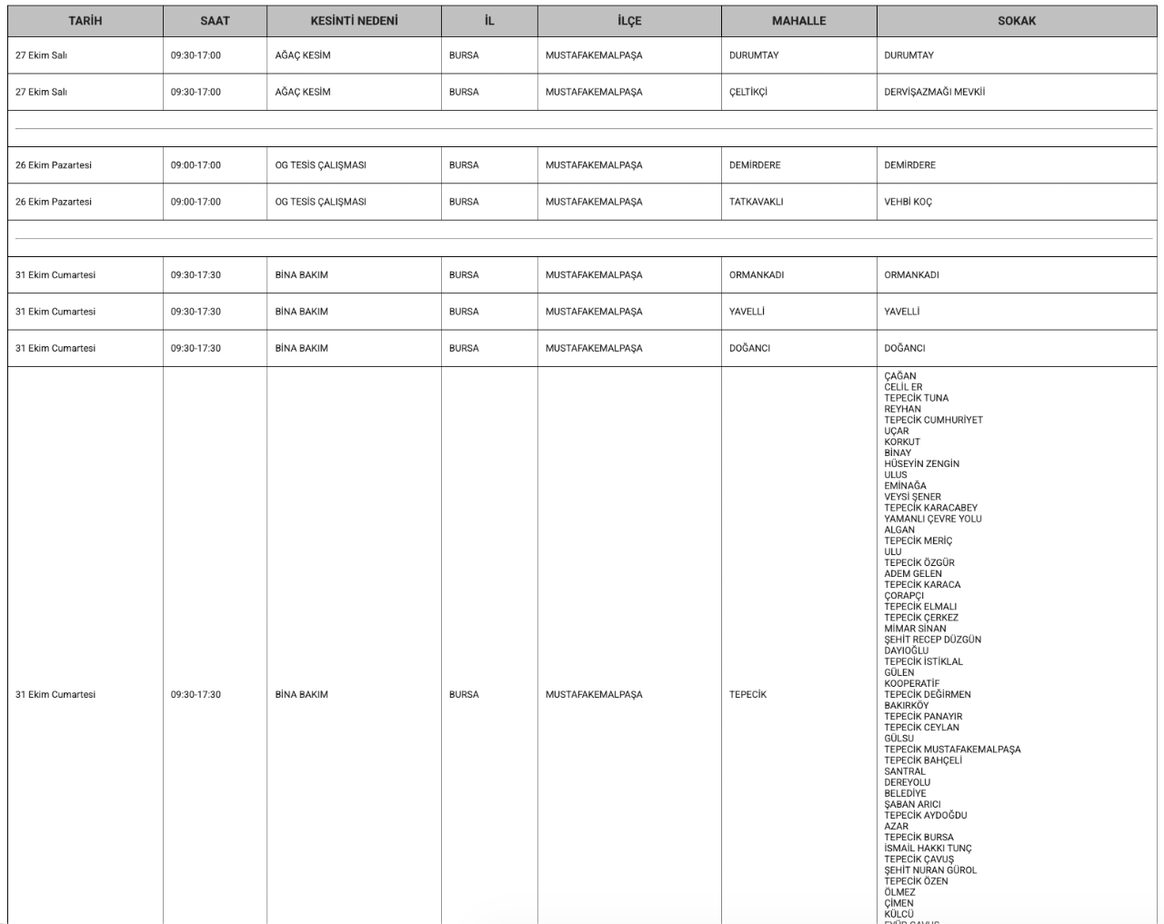 Bursa elektrik kesintisi 26-27-28-29-30 Ekim (Mustafakemalpaşa, Nilüfer, Karacabey, Harmancık, İnegöl, Gürsu, Yenişehir, Orhangazi)