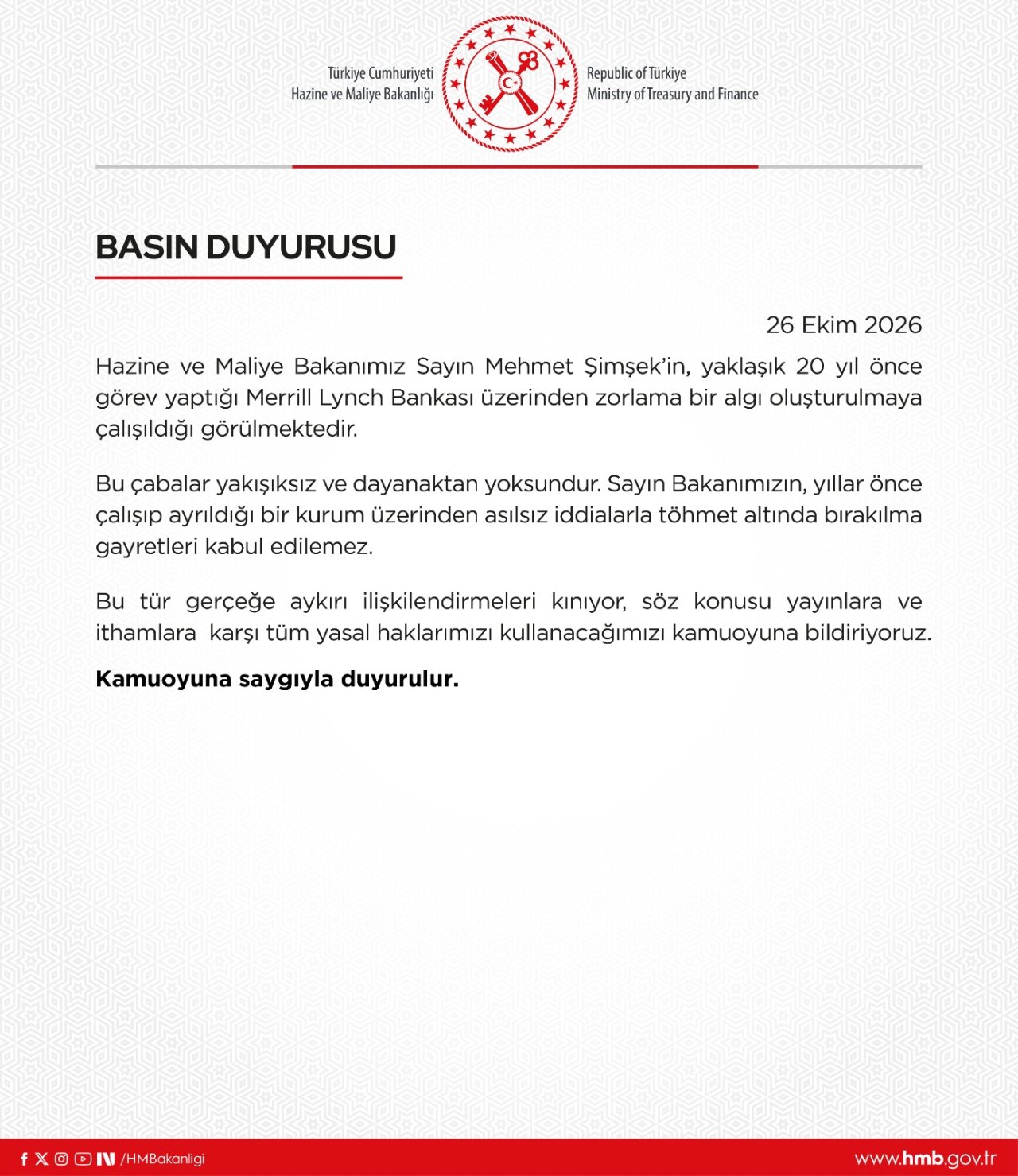 Hazine ve Maliye Bakanlığından 'Merrill Lynch' iddialarına yalanlama